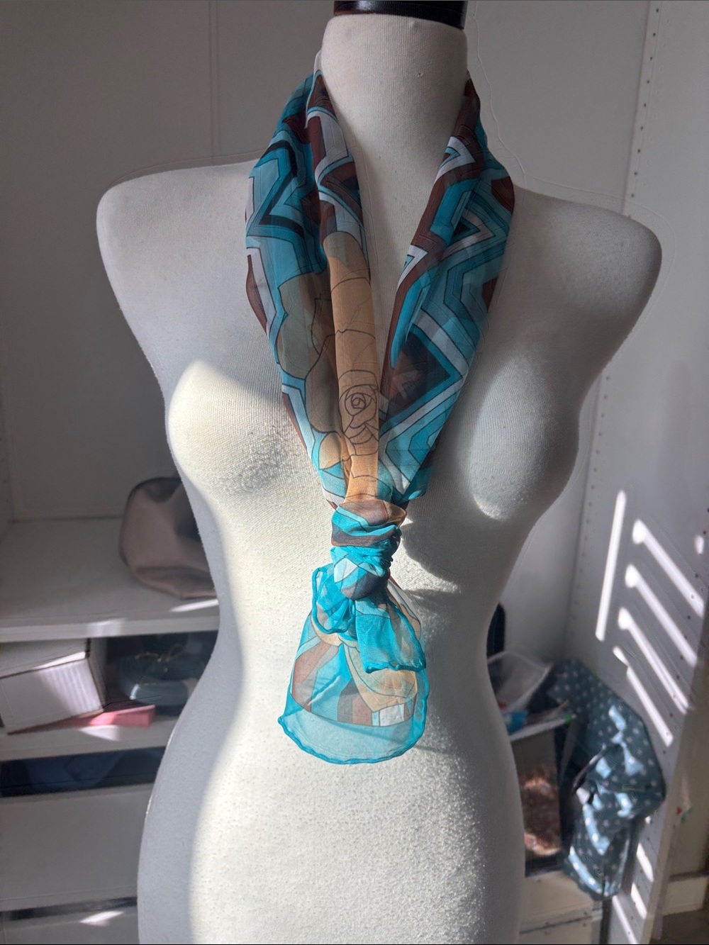 Turquoise Floral Geometric Sheer Scarf - Women Accessories
